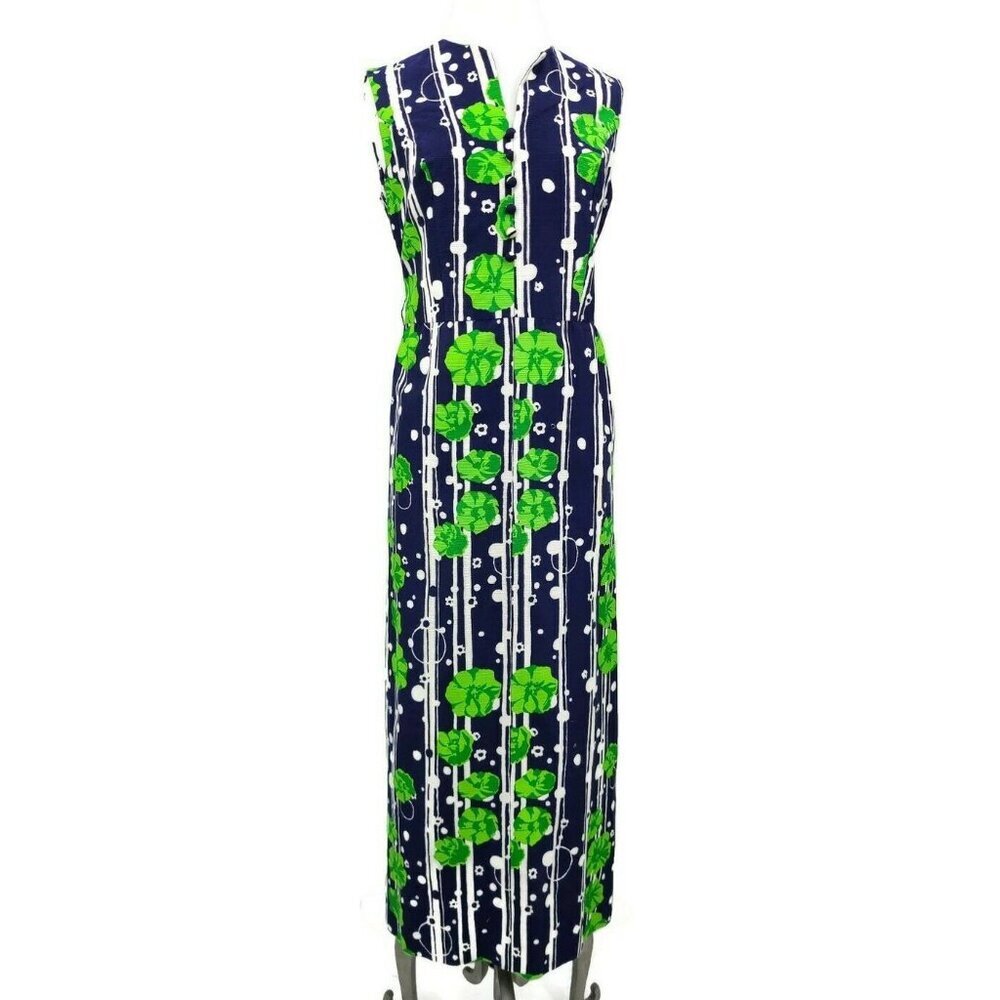 Vintage 60s Gregg Draddy Maxi Dress Womens 10/12? Navy Blue Green Floral